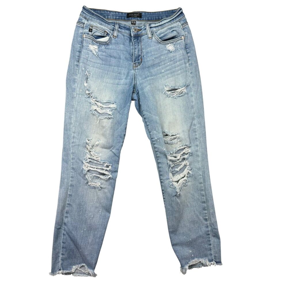 Judy Blue Jeans Women's 9/29 Blue Medium Wash Distressed Fray Hem Stretch Pants